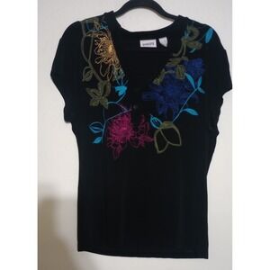 Chico's Travelers Black Floral Embroidered Short Sleeve V-Neck Top Size 3 XL